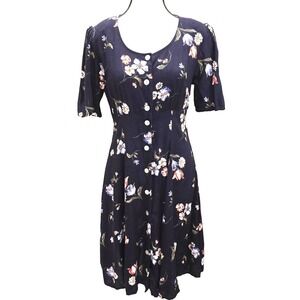 90s Vintage Ultimate Blues Dress Women's Medium Floral Button Front Short Sleeve